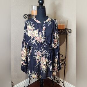 Suzanne Betro Black/Pink Floral Long Sleeve Blouse W/Cinched Waist. Size XL. NWT